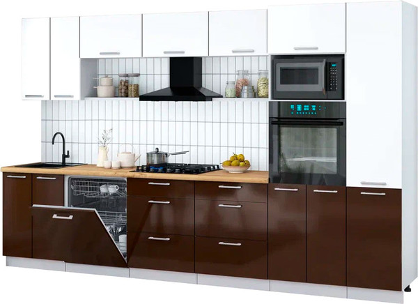 Изображение товара Кухонный гарнитур Интерлиния Мила Gloss 3.4-ПМ1 (шоколад глянец/белый/дуб бунратти)