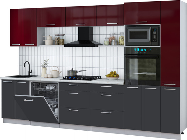 Изображение товара Кухонный гарнитур Интерлиния Мила Gloss 3.3-ПМ1 (пепел/бордовый глянец/серый каспий)