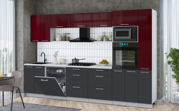 Изображение товара Кухонный гарнитур Интерлиния Мила Gloss 3.3-ПМ1 (пепел/бордовый глянец/серый каспий)