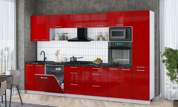 Изображение товара Кухонный гарнитур Интерлиния Мила Gloss 3.4-ПМ1 (красный глянец/красный глянец/кастилло темный)