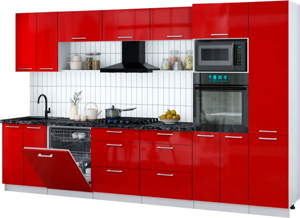 Изображение товара Кухонный гарнитур Интерлиния Мила Gloss 3.4-ПМ1 (красный глянец/красный глянец/кастилло темный)