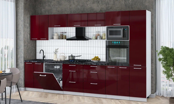 Изображение товара Кухонный гарнитур Интерлиния Мила Gloss 3.4-ПМ1 (бордовый глянец/бордовый глянец/кастилло темный)