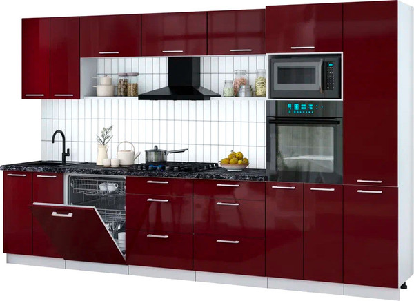 Изображение товара Кухонный гарнитур Интерлиния Мила Gloss 3.4-ПМ1 (бордовый глянец/бордовый глянец/кастилло темный)
