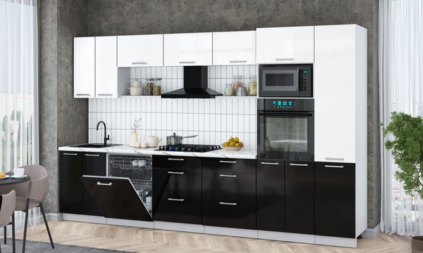 Изображение товара Кухонный гарнитур Интерлиния Мила Gloss 3.4-ПМ1 (черный глянец/белый глянец/белый гранит)