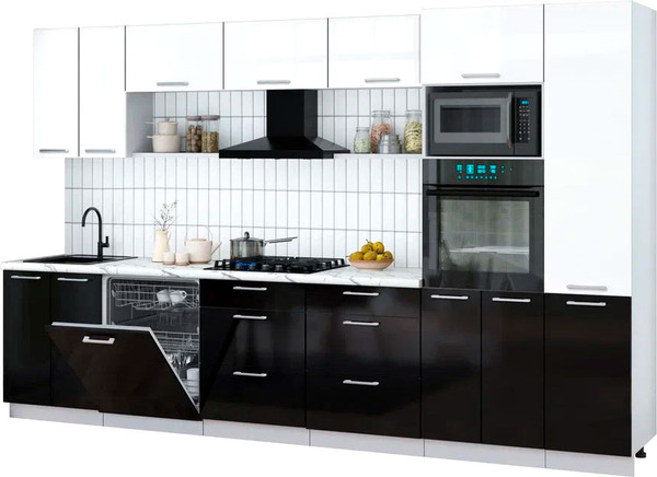 Изображение товара Кухонный гарнитур Интерлиния Мила Gloss 3.4-ПМ1 (черный глянец/белый глянец/белый гранит)