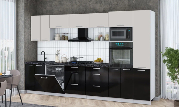 Изображение товара Кухонный гарнитур Интерлиния Мила Gloss 3.4-ПМ1 (черный глянец/кашемир/кастилло темный)