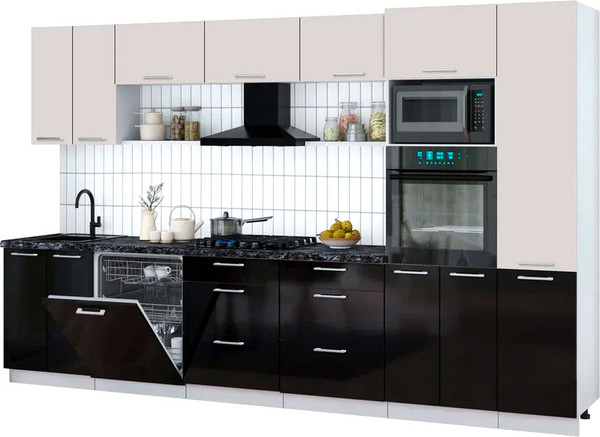 Изображение товара Кухонный гарнитур Интерлиния Мила Gloss 3.4-ПМ1 (черный глянец/кашемир/кастилло темный)