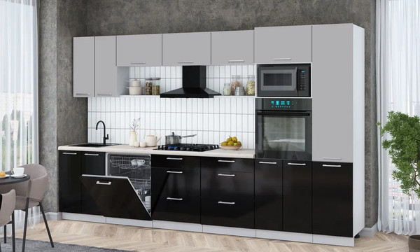 Изображение товара Кухонный гарнитур Интерлиния Мила Gloss 3.4-ПМ1 (черный глянец/грей/бискайская сосна)