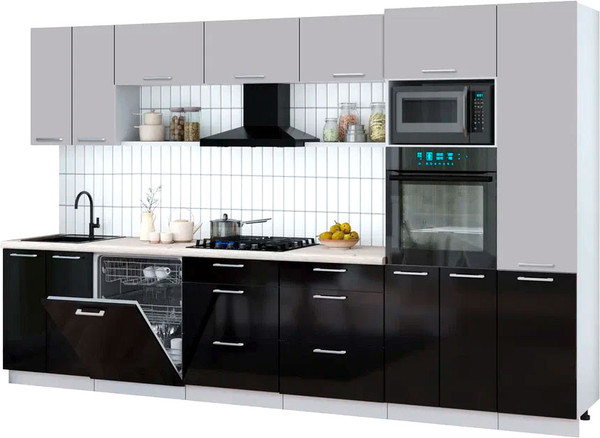 Изображение товара Кухонный гарнитур Интерлиния Мила Gloss 3.4-ПМ1 (черный глянец/грей/бискайская сосна)