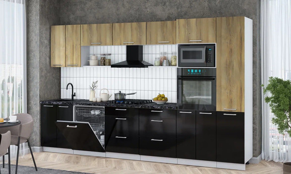 Изображение товара Кухонный гарнитур Интерлиния Мила Gloss 3.4-ПМ1 (черный глянец/дуб вотан/кастилло темный)