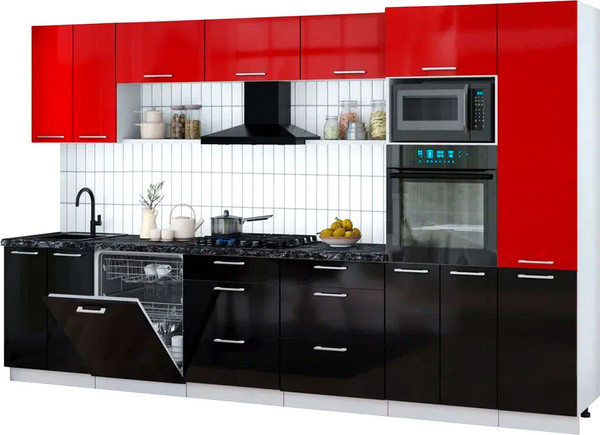 Изображение товара Кухонный гарнитур Интерлиния Мила Gloss 3.4-ПМ1 (черный глянец/красный глянец/кастилло темный)