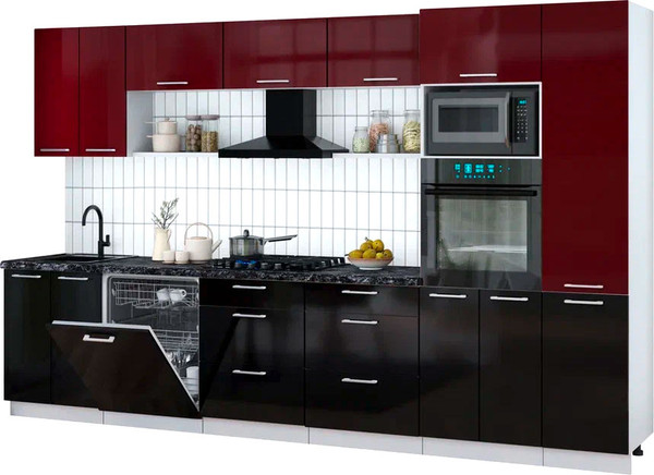 Изображение товара Кухонный гарнитур Интерлиния Мила Gloss 3.4-ПМ1 (черный глянец/бордовый глянец/кастилло темный)