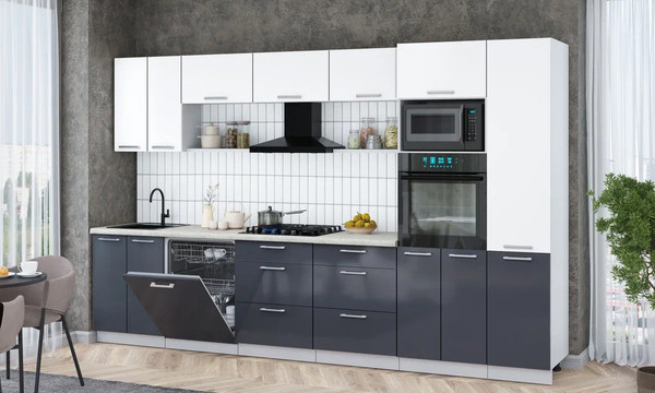 Изображение товара Кухонный гарнитур Интерлиния Мила Gloss 3.4-ПМ1 (асфальт глянец/белый/опал светлый)