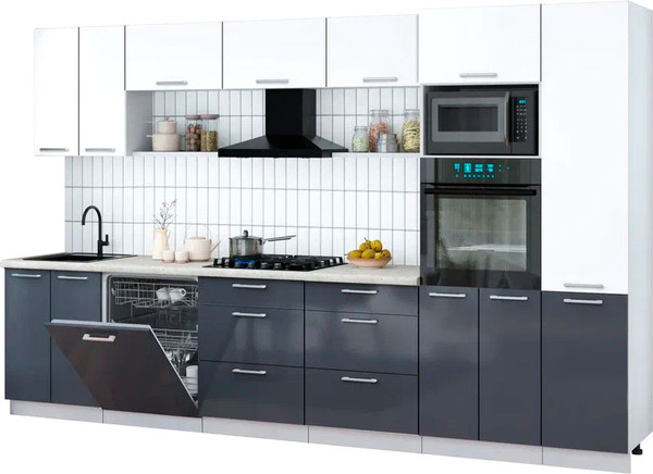 Изображение товара Кухонный гарнитур Интерлиния Мила Gloss 3.4-ПМ1 (асфальт глянец/белый/опал светлый)