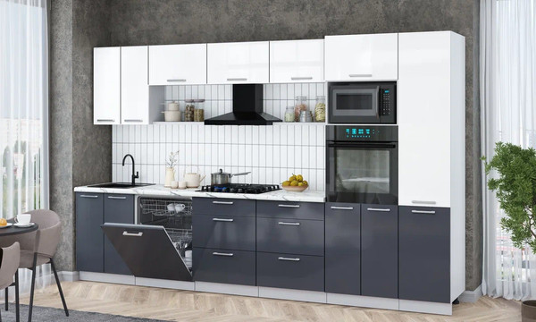 Изображение товара Кухонный гарнитур Интерлиния Мила Gloss 3.4-ПМ1 (асфальт глянец/белый глянец/белый гранит)