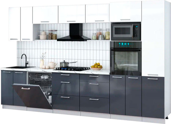 Изображение товара Кухонный гарнитур Интерлиния Мила Gloss 3.4-ПМ1 (асфальт глянец/белый глянец/белый гранит)