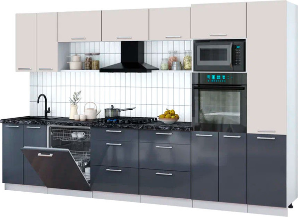 Изображение товара Кухонный гарнитур Интерлиния Мила Gloss 3.4-ПМ1 (асфальт глянец/кашемир/кастилло темный)