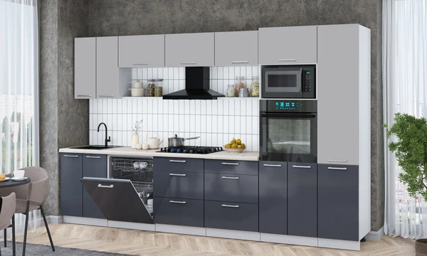 Изображение товара Кухонный гарнитур Интерлиния Мила Gloss 3.4-ПМ1 (асфальт глянец/грей/бискайская сосна)