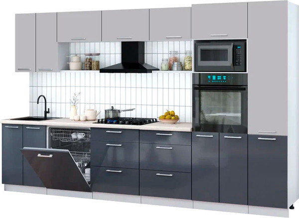 Изображение товара Кухонный гарнитур Интерлиния Мила Gloss 3.4-ПМ1 (асфальт глянец/грей/бискайская сосна)