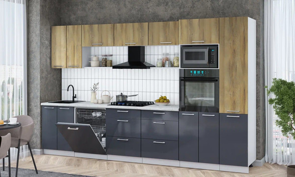 Изображение товара Кухонный гарнитур Интерлиния Мила Gloss 3.4-ПМ1 (асфальт глянец/дуб вотан/серый каспий)