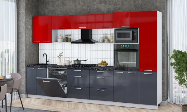 Изображение товара Кухонный гарнитур Интерлиния Мила Gloss 3.4-ПМ1 (асфальт глянец/красный глянец/кастилло темный)