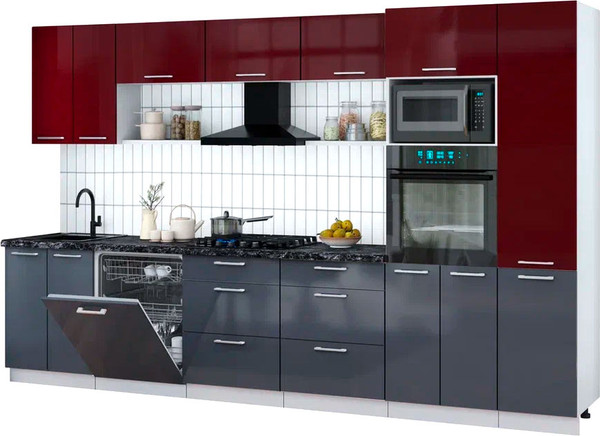 Изображение товара Кухонный гарнитур Интерлиния Мила Gloss 3.4-ПМ1 (асфальт глянец/бордовый глянец/кастилло темный)