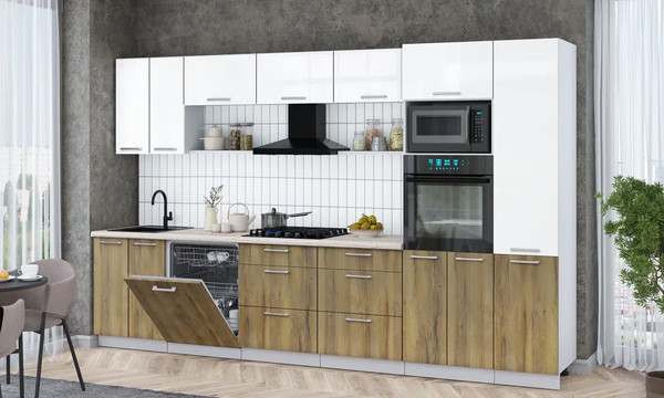 Изображение товара Кухонный гарнитур Интерлиния Мила Gloss 3.4-ПМ1 (дуб вотан/белый глянец/травертин серый)