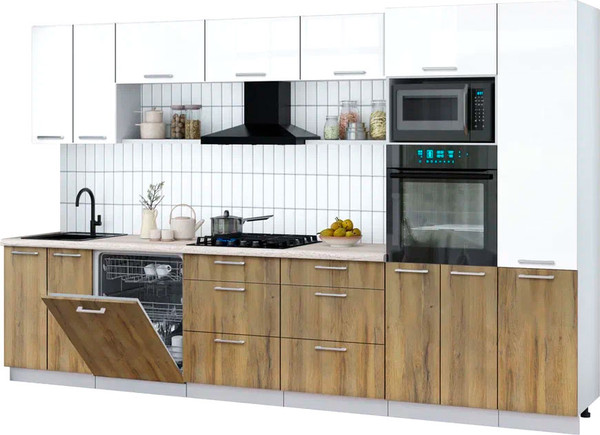 Изображение товара Кухонный гарнитур Интерлиния Мила Gloss 3.4-ПМ1 (дуб вотан/белый глянец/травертин серый)