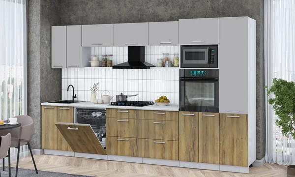 Изображение товара Кухонный гарнитур Интерлиния Мила Gloss 3.4-ПМ1 (дуб вотан/грей/серый каспий)