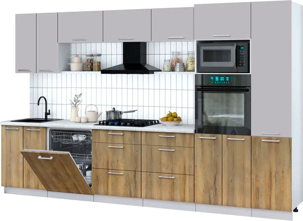 Изображение товара Кухонный гарнитур Интерлиния Мила Gloss 3.4-ПМ1 (дуб вотан/грей/серый каспий)