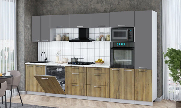 Изображение товара Кухонный гарнитур Интерлиния Мила Gloss 3.4-ПМ1 (дуб вотан/серый/белый гранит)