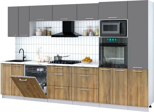 Изображение товара Кухонный гарнитур Интерлиния Мила Gloss 3.4-ПМ1 (дуб вотан/серый/белый гранит)