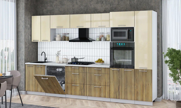 Изображение товара Кухонный гарнитур Интерлиния Мила Gloss 3.4-ПМ1 (дуб вотан/ваниль глянец/серый каспий)