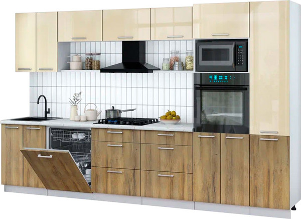 Изображение товара Кухонный гарнитур Интерлиния Мила Gloss 3.4-ПМ1 (дуб вотан/ваниль глянец/серый каспий)