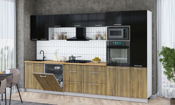 Изображение товара Кухонный гарнитур Интерлиния Мила Gloss 3.4-ПМ1 (дуб вотан/черный глянец/дуб бунратти)