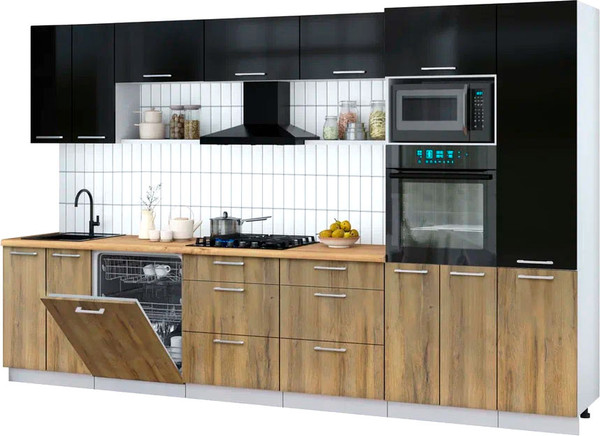Изображение товара Кухонный гарнитур Интерлиния Мила Gloss 3.4-ПМ1 (дуб вотан/черный глянец/дуб бунратти)