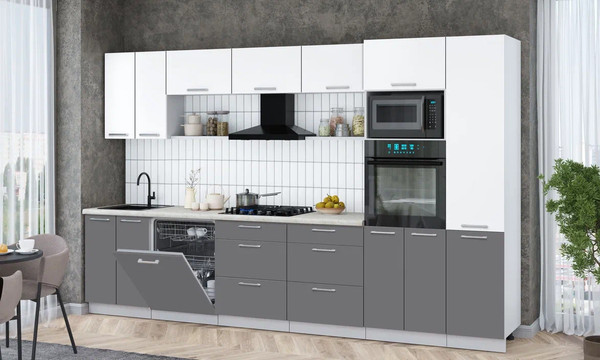 Изображение товара Кухонный гарнитур Интерлиния Мила Gloss 3.4-ПМ1 (серый/белый/опал светлый)