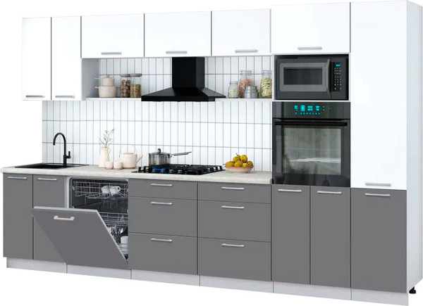 Изображение товара Кухонный гарнитур Интерлиния Мила Gloss 3.4-ПМ1 (серый/белый/опал светлый)
