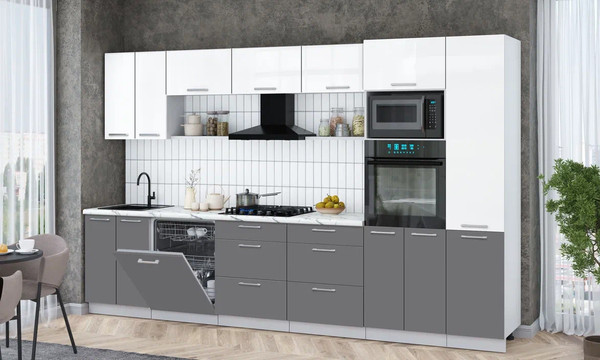 Изображение товара Кухонный гарнитур Интерлиния Мила Gloss 3.4-ПМ1 (серый/белый глянец/белый гранит)