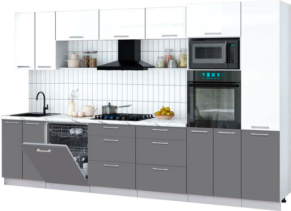 Изображение товара Кухонный гарнитур Интерлиния Мила Gloss 3.4-ПМ1 (серый/белый глянец/белый гранит)