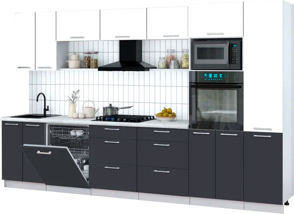 Изображение товара Кухонный гарнитур Интерлиния Мила Gloss 3.4-ПМ1 (пепел/белый глянец/серый каспий)