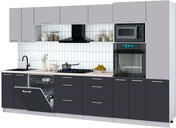 Изображение товара Кухонный гарнитур Интерлиния Мила Gloss 3.4-ПМ1 (пепел/грей/травертин серый)