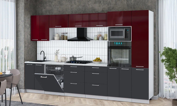 Изображение товара Кухонный гарнитур Интерлиния Мила Gloss 3.4-ПМ1 (пепел/бордовый глянец/серый каспий)