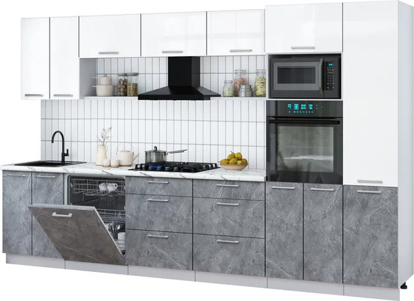 Изображение товара Кухонный гарнитур Интерлиния Мила Gloss 3.4-ПМ1 (керамика/белый глянец/белый гранит)