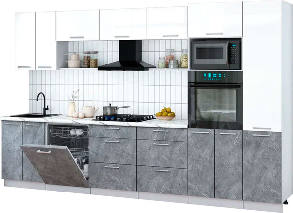 Изображение товара Кухонный гарнитур Интерлиния Мила Gloss 3.4-ПМ1 (керамика/белый глянец/белый гранит)