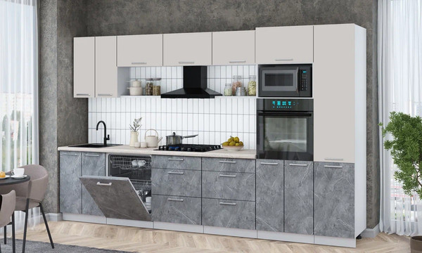 Изображение товара Кухонный гарнитур Интерлиния Мила Gloss 3.4-ПМ1 (керамика/кашемир/травертин серый)