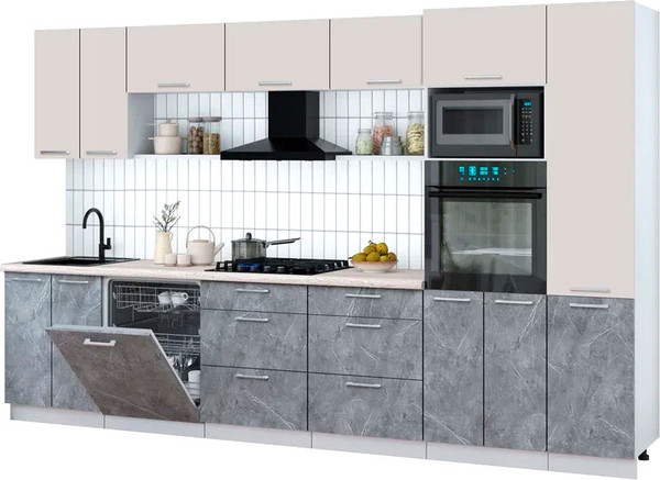Изображение товара Кухонный гарнитур Интерлиния Мила Gloss 3.4-ПМ1 (керамика/кашемир/травертин серый)