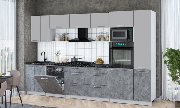 Изображение товара Кухонный гарнитур Интерлиния Мила Gloss 3.4-ПМ1 (керамика/грей/кастилло темный)