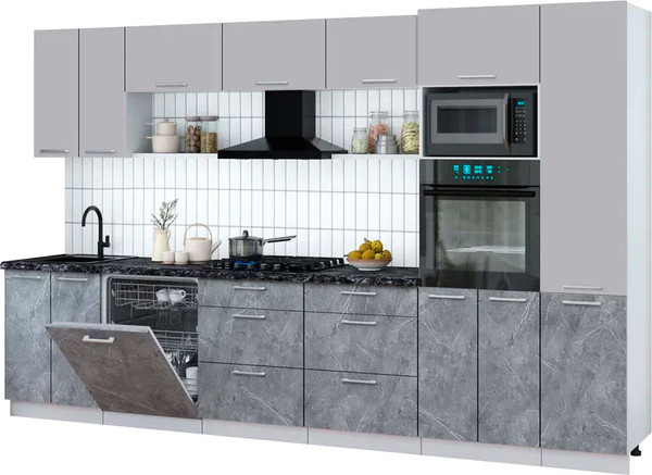 Изображение товара Кухонный гарнитур Интерлиния Мила Gloss 3.4-ПМ1 (керамика/грей/кастилло темный)