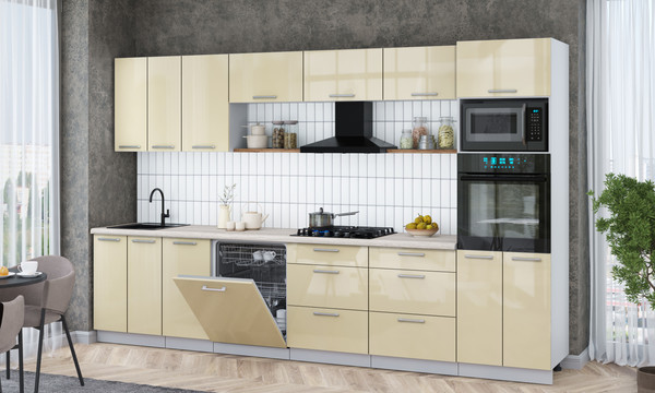 Изображение товара Кухонный гарнитур Интерлиния Мила Gloss 3.4-ПМ1-2 (ваниль глянец/ваниль глянец/травертин серый)